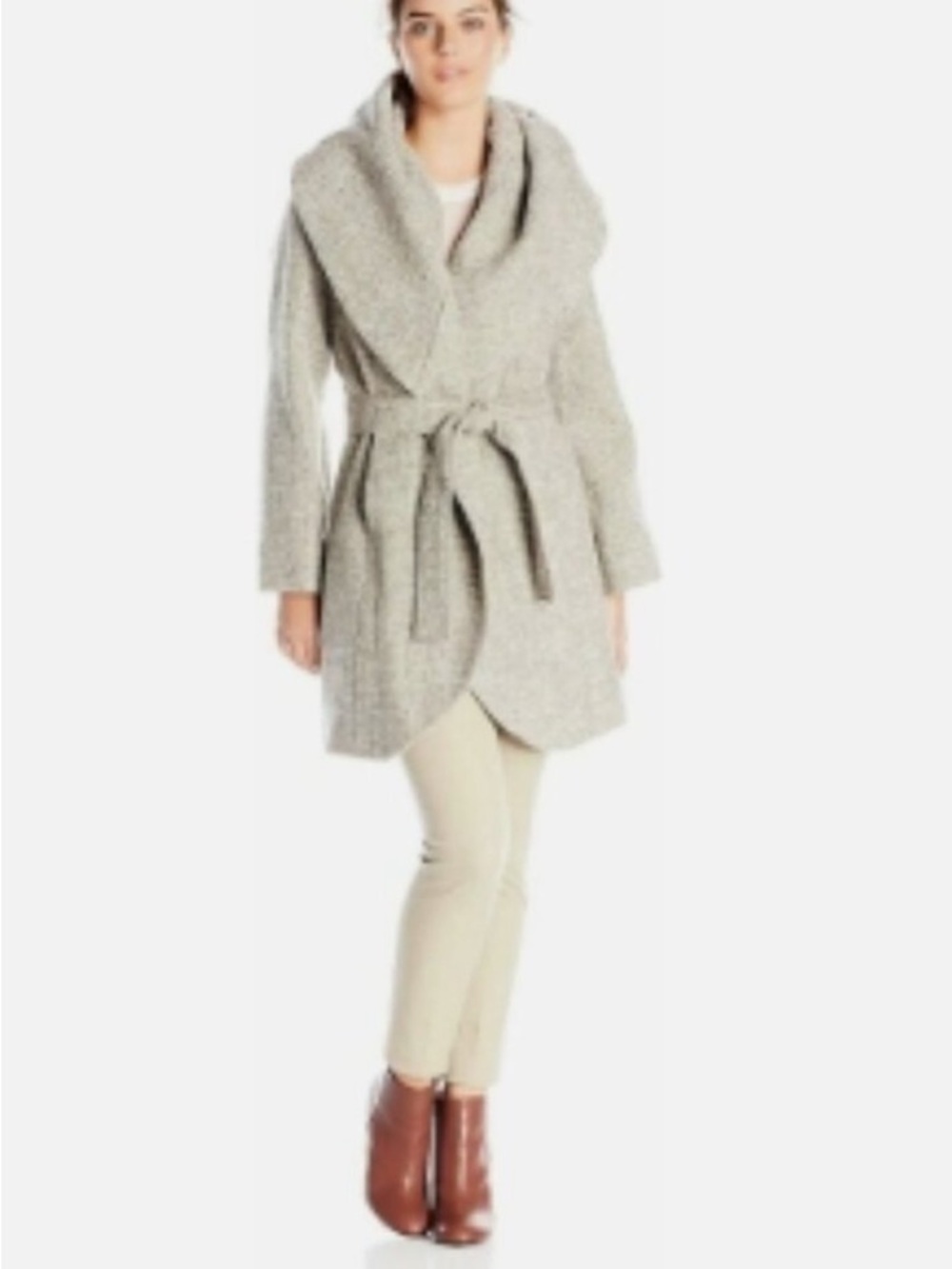 T Tahari Light Cream Gray Textured Shawl Collar Wool Blend Wrap Coat